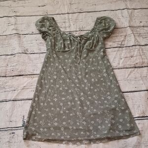 So Green White Floral Print Babydoll Milkmaid Cottagecore Y2K Style Minidress S